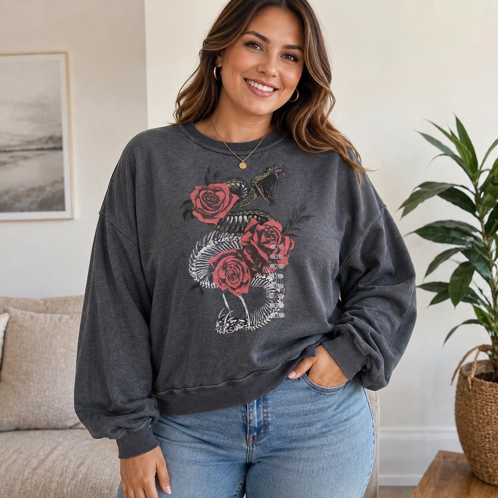 Live Outside The Limits Snake Rose Graphic Sweatshirt Gray XL Balloon Sleeve NEW